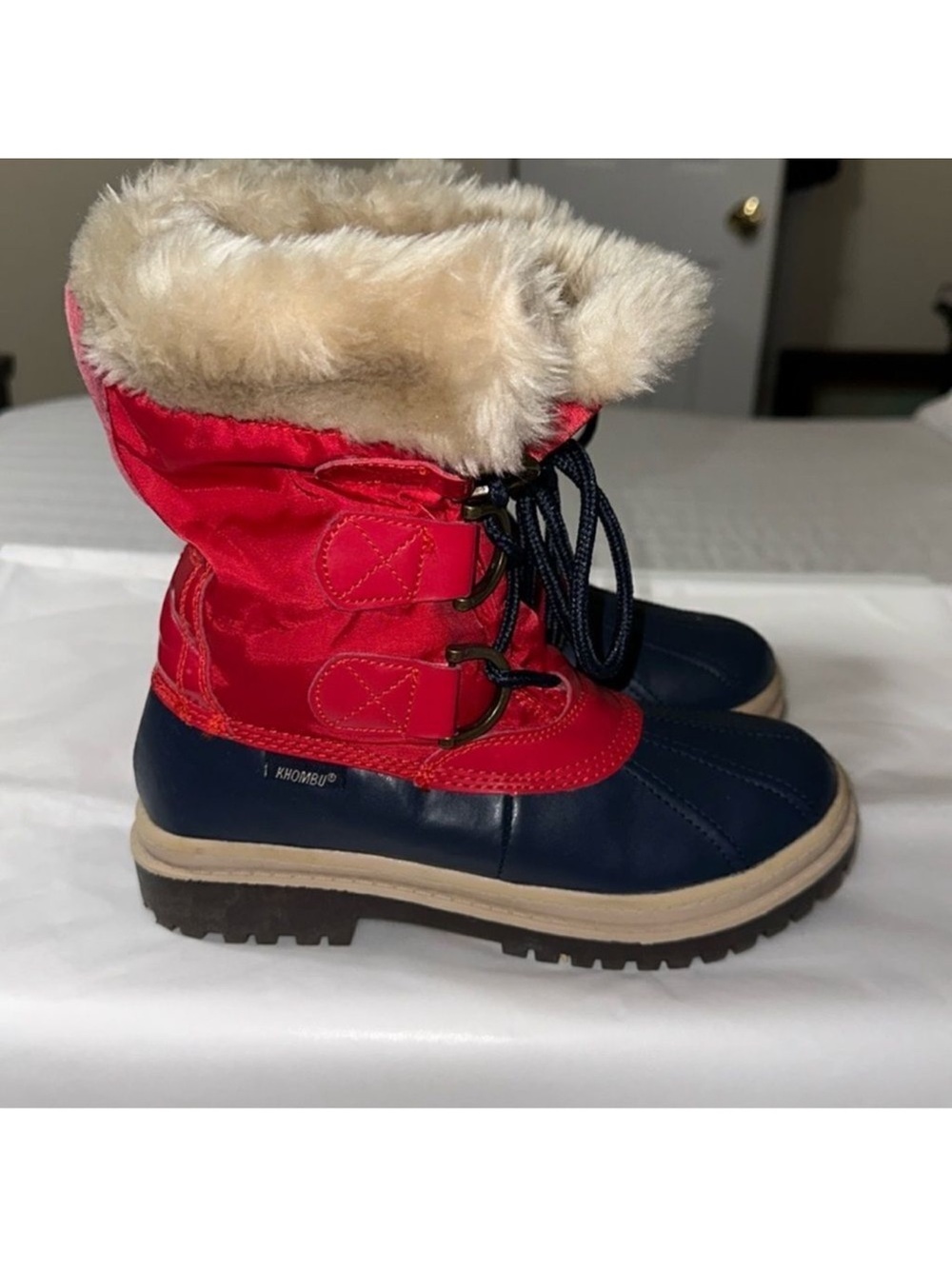 KHOMBU TESS 6 Navy Red Ivory Shearing Interior Lace Front Winter Boots